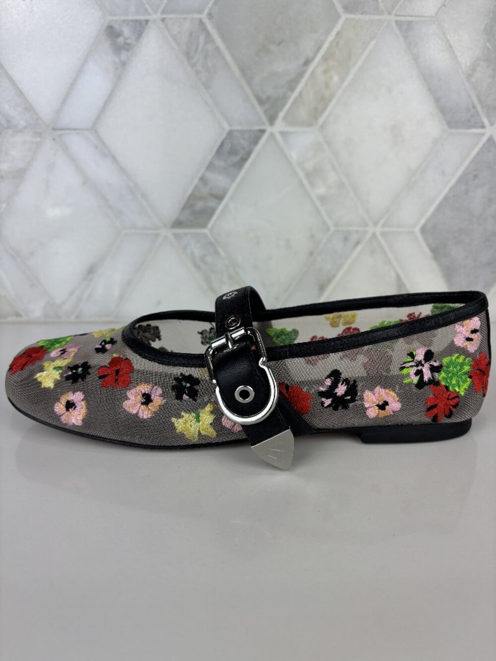 36 Phillip Lim ID Flowerworks Mesh Flat Embroidered Floral Square Toe Leather - Picture 6 of 13